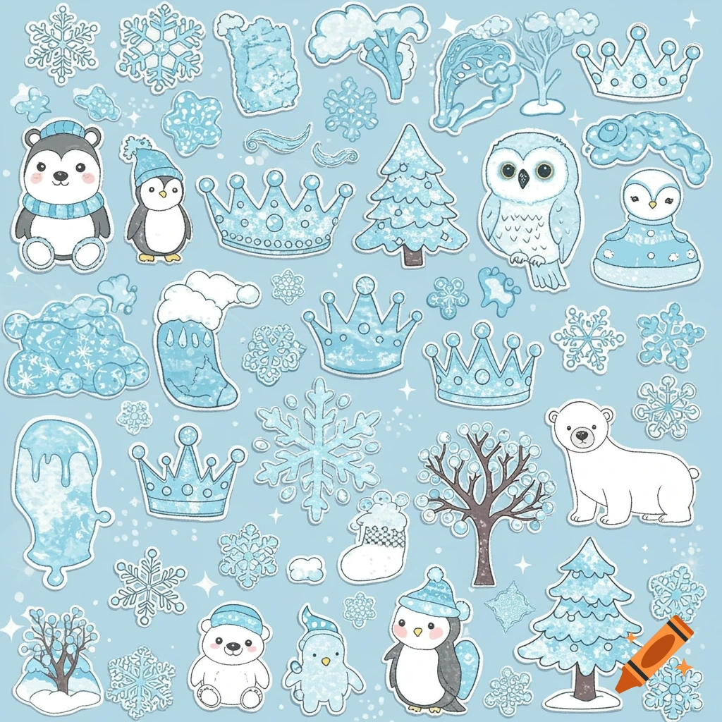 A collection of cartoon winter stickers including penguins, polar bears, an owl, snowflakes, crowns, trees, and other ice-themed items.