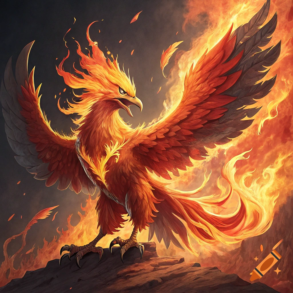 A majestic fiery phoenix with wings spread stands on a rock.
