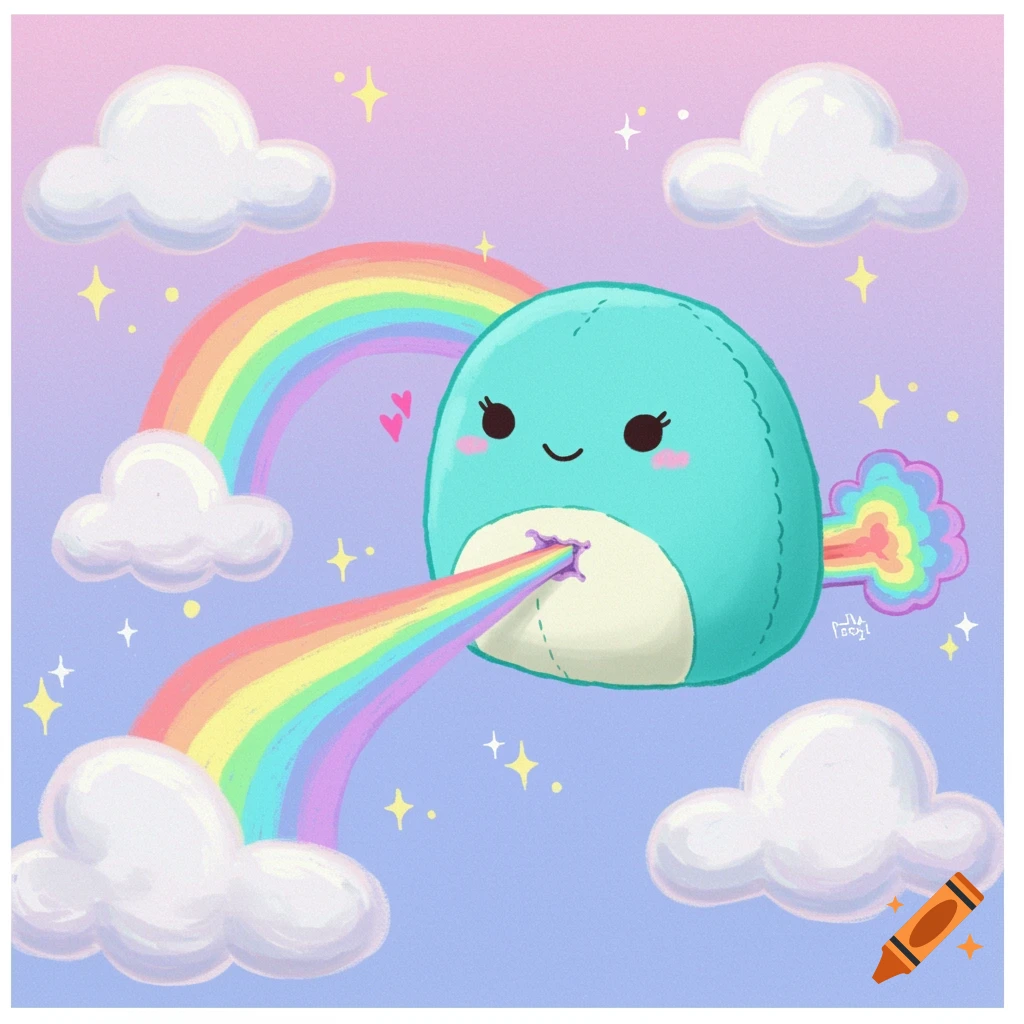 A whimsical illustration of a cute teal squishmallow cartoon farting a rainbow in a sky with clouds and stars, in a child's book illustration style.