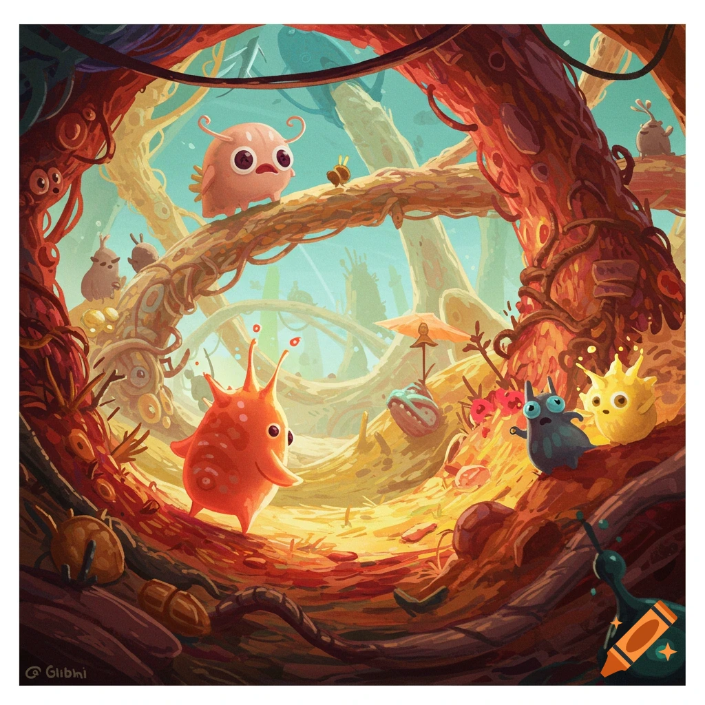 Cute alien creatures in a vibrant fantasy forest.