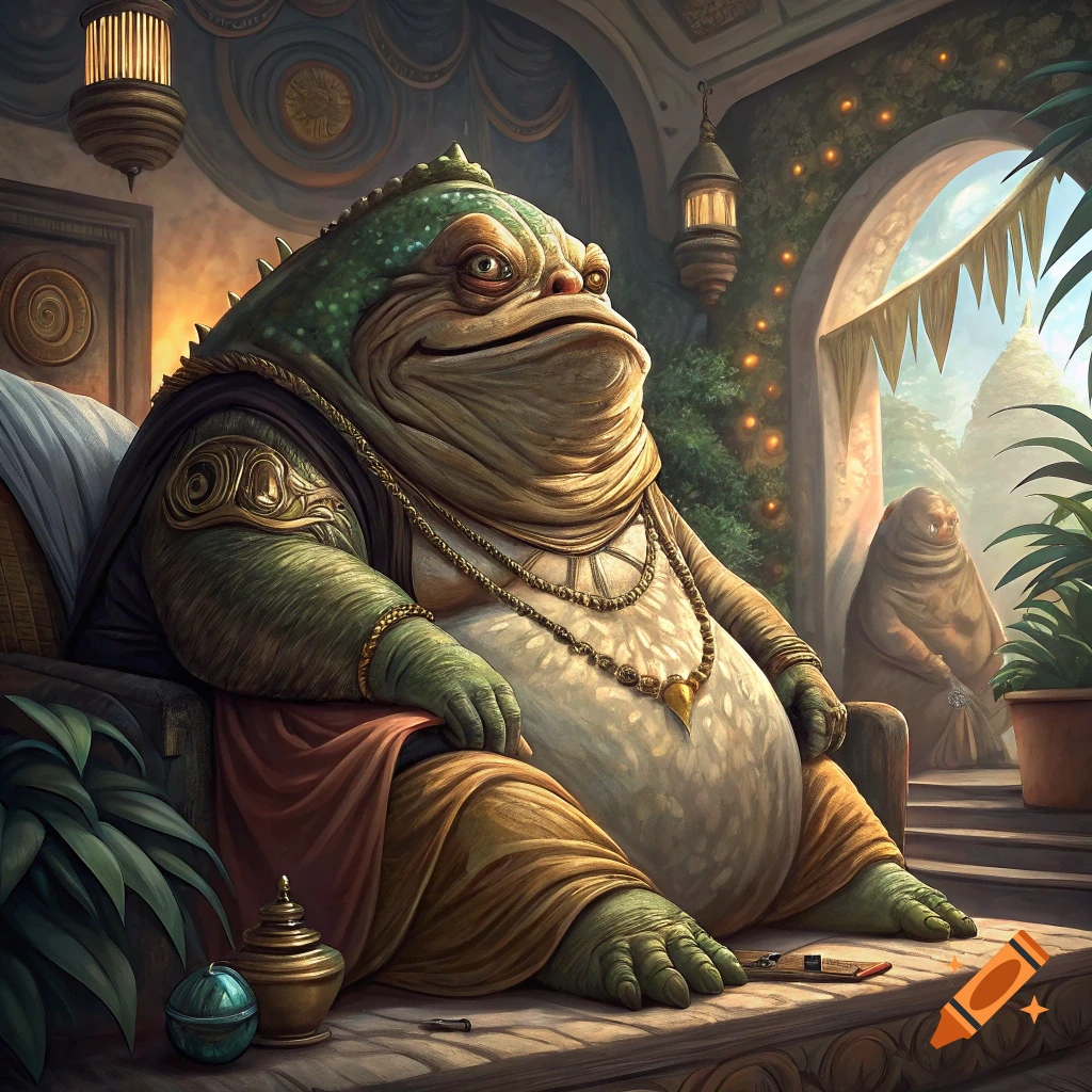 A large, green, toad-like creature wearing robes and jewelry sits on a couch in a lavish interior.