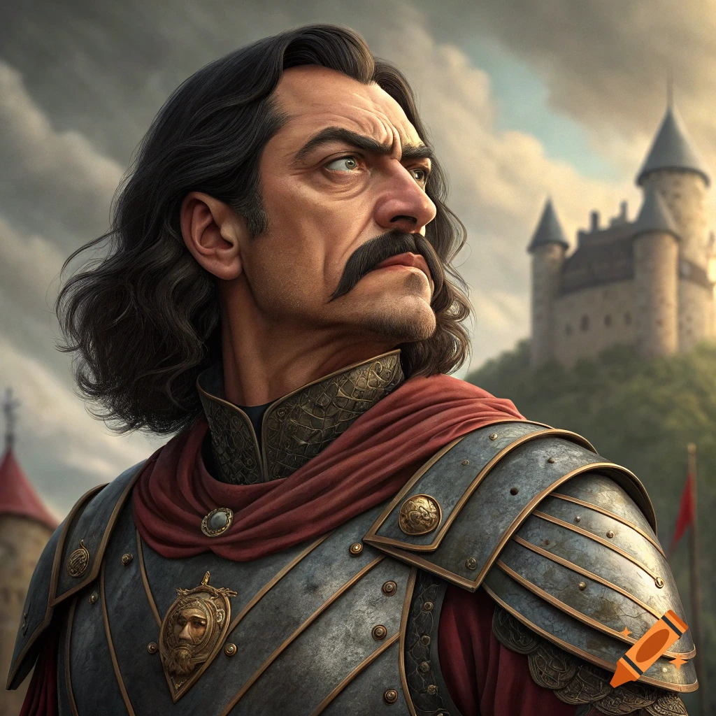 Portrait of a man in ornate armor and red cape with a mustache, looking intensely, castle in background.