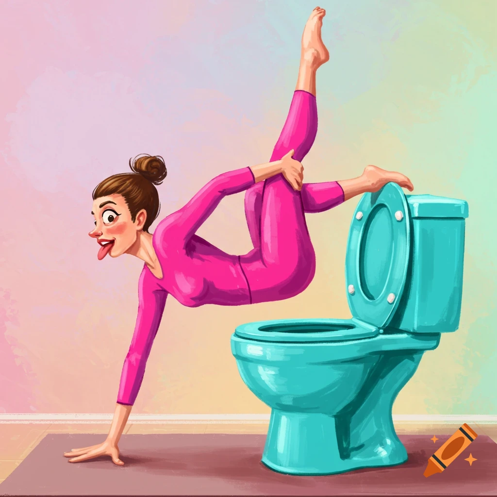 A cartoon illustration of a woman in a pink leotard doing a yoga pose on top of a blue toilet.