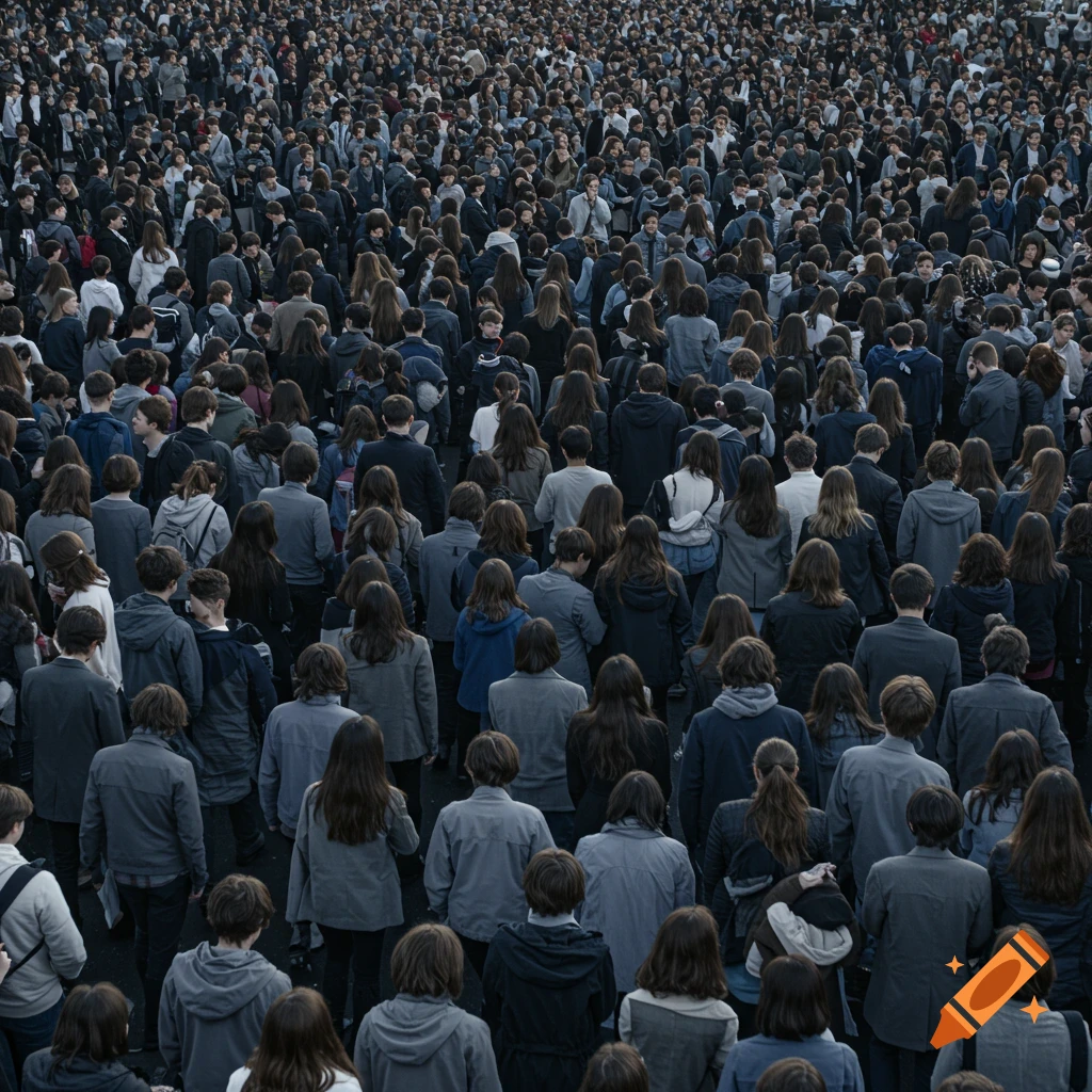 Large crowd of people seen from above, walking together in the same direction.