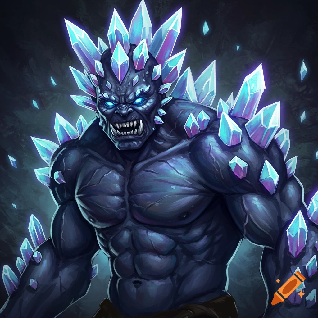 A dark blue crystal-skinned monster with glowing blue eyes and sharp teeth is depicted in a detailed image.