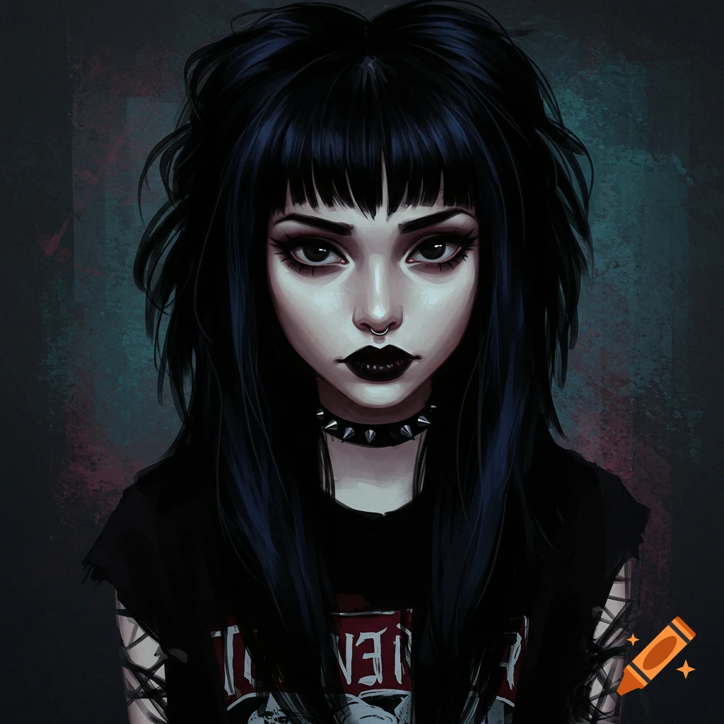 Young woman with black emo hair, dark makeup, nose ring, and spiked choker, wearing a black t-shirt.