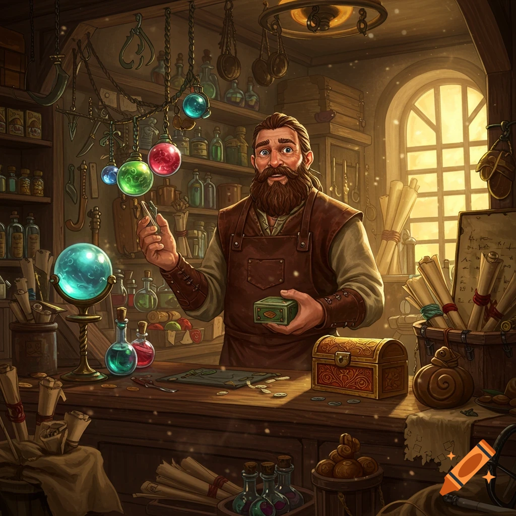 A male fantasy shopkeeper holds items in his cluttered shop.