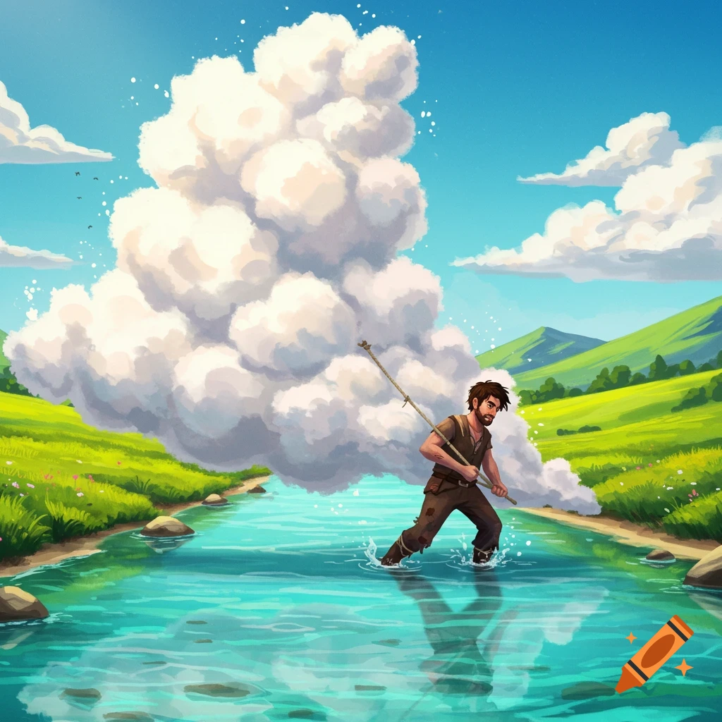 A man drags a large cloud through a river in a sunny landscape.