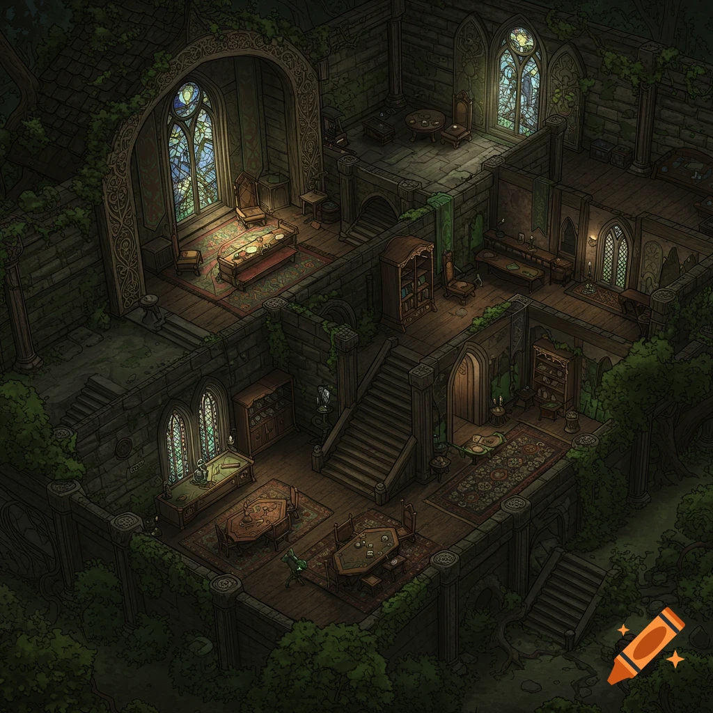 Top-down fantasy map of the interior first floor of an overgrown elven estate.