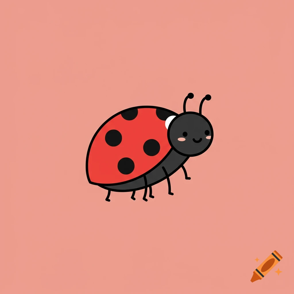 A cute, minimalist vector illustration of a ladybug with a smiling face on a pink background.