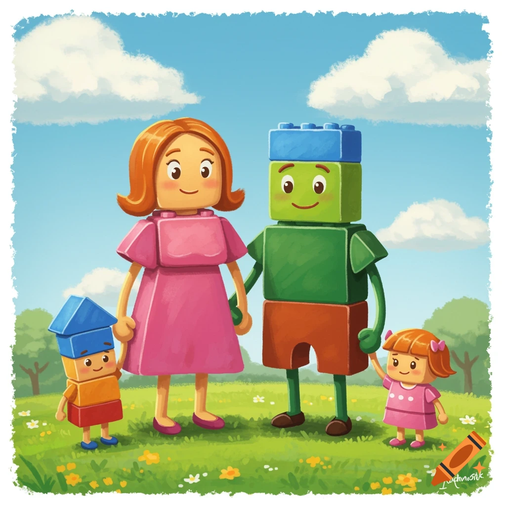 A whimsical image of a family made from colorful building blocks standing in a grassy field under a blue sky.