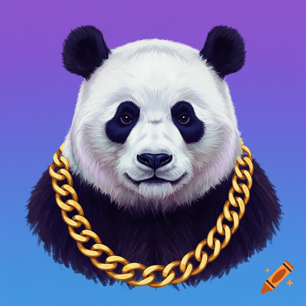 A panda is wearing a thick gold chain.