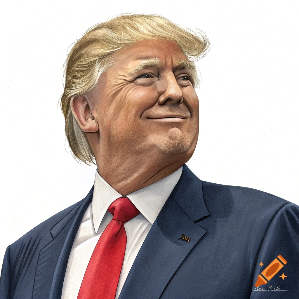 Caricature illustration of Donald Trump smiling in a suit and red tie