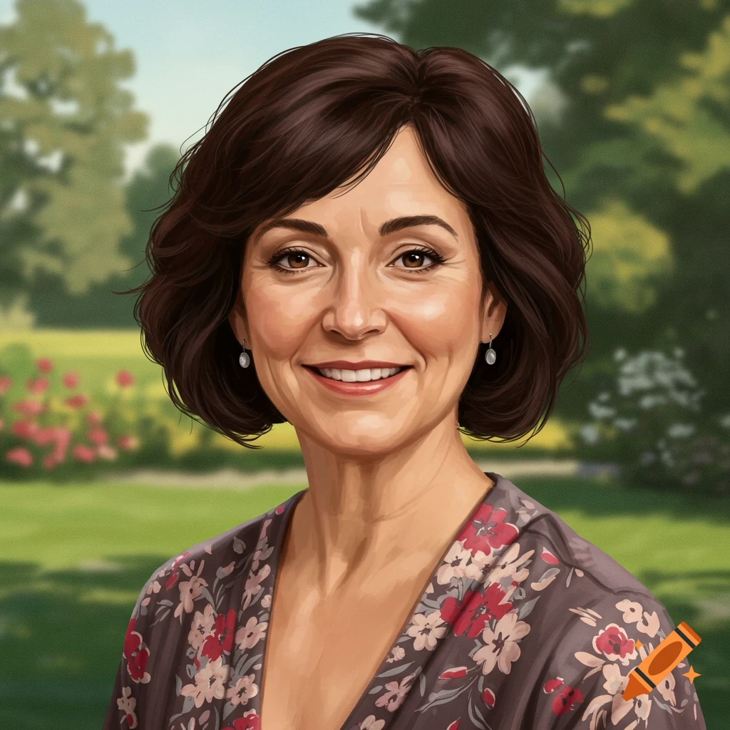 A smiling woman with short brown hair and a floral dress, standing in a garden.