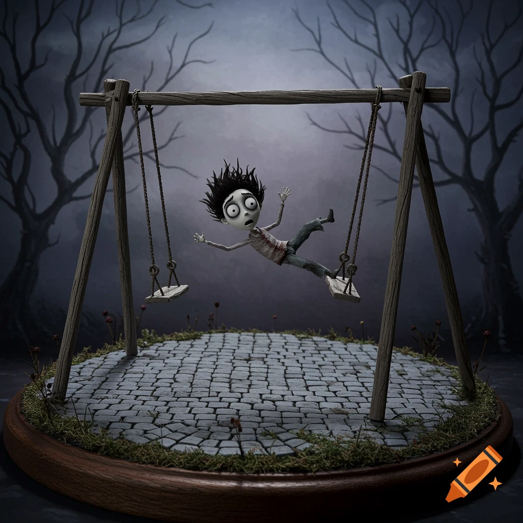 Cartoon boy falling off a swing set in a dark Tim Burton style diorama.