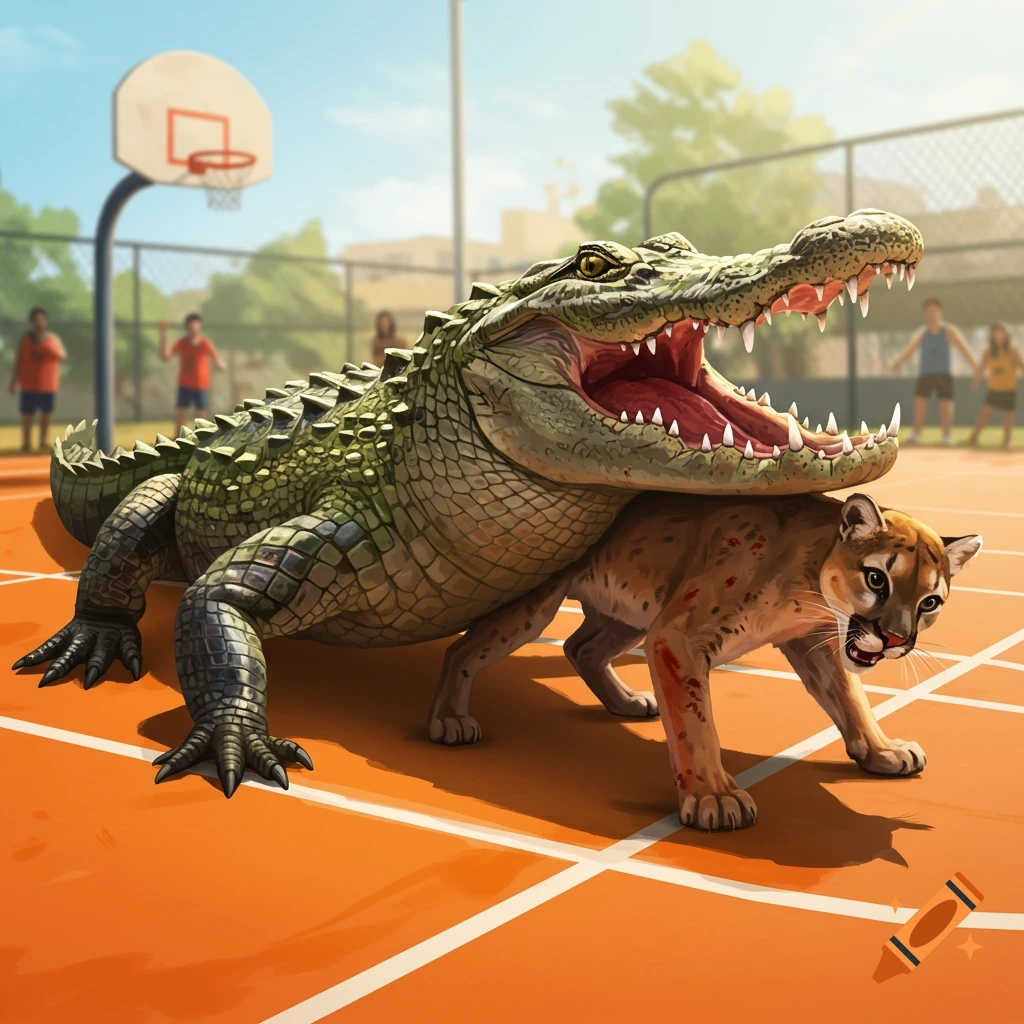 A full body shot of an alligator holding a cougar on an orange basketball court.