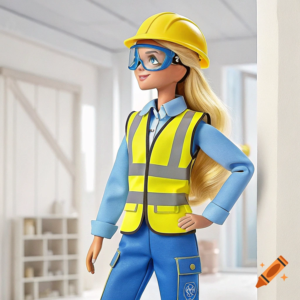A Barbie-like doll dressed as a safety officer with a yellow hard hat, goggles, and reflective vest stands indoors.