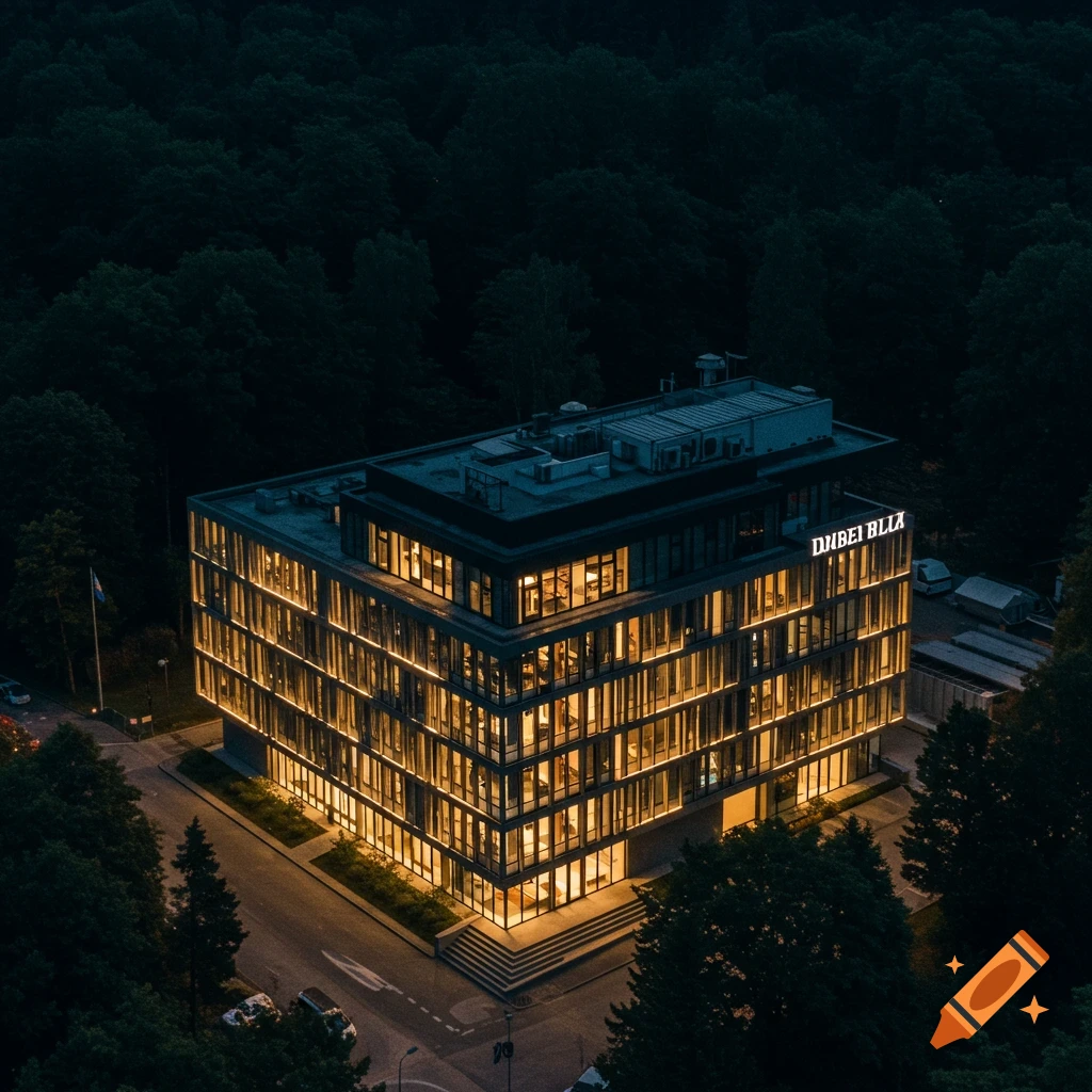 Modern office building illuminated at night next to trees.