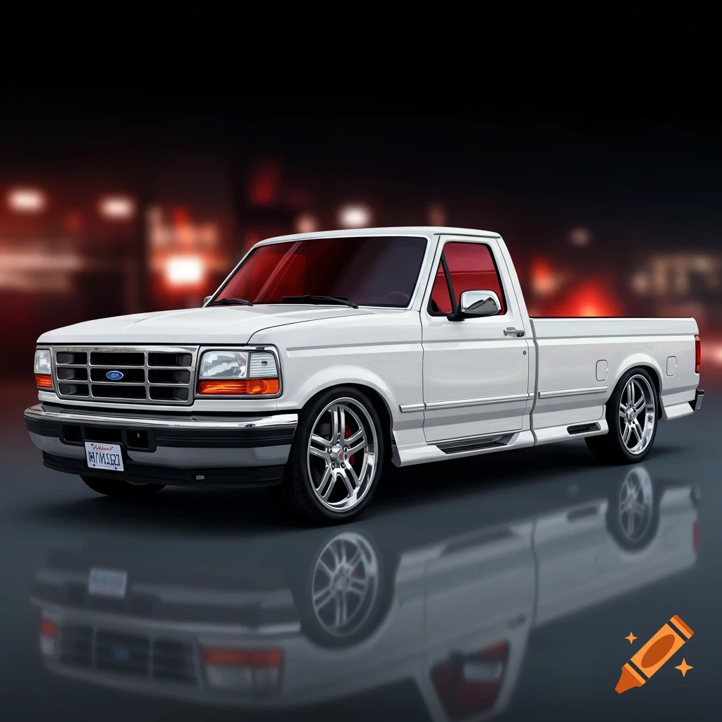 A white 1990s Ford F-150 truck, lowered with custom wheels and red tinted windows, reflected on a dark surface.