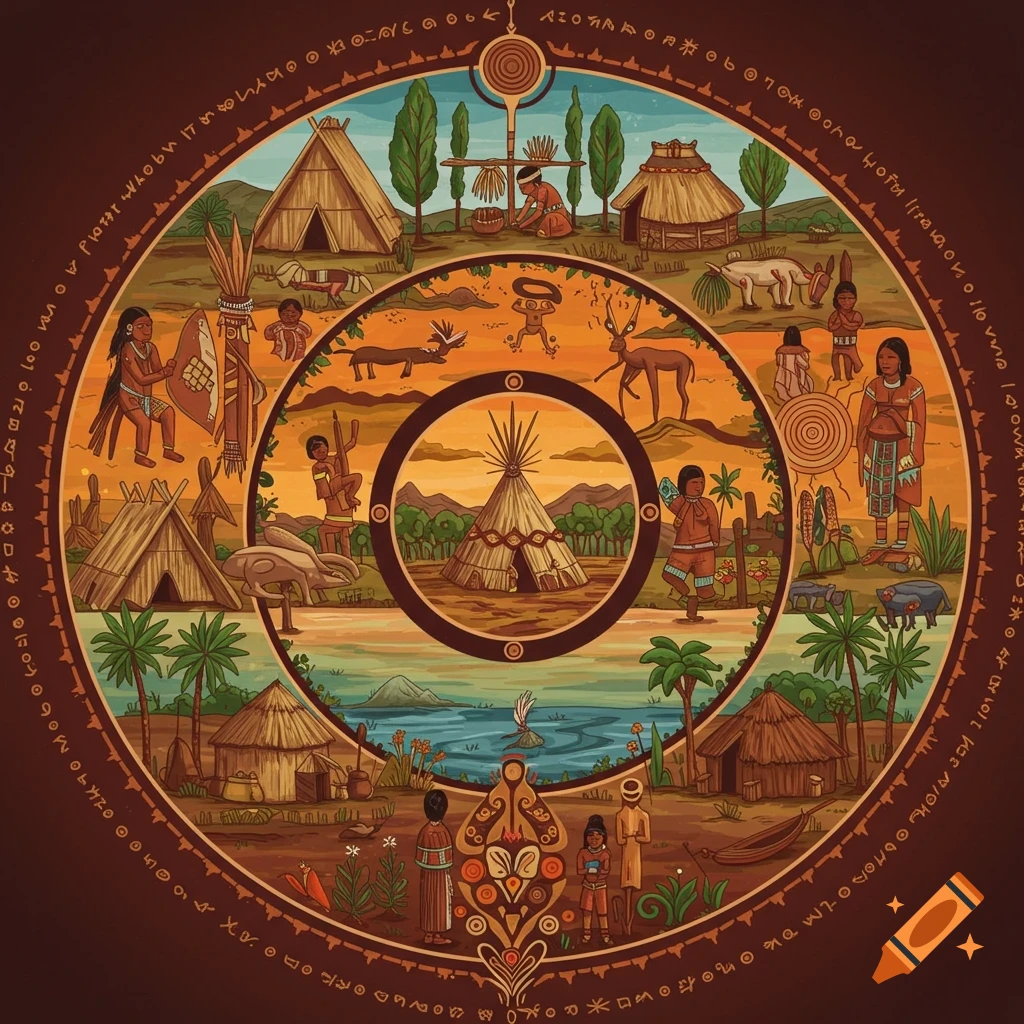 A circular diagram showing indigenous life with people, tents, animals, and nature.