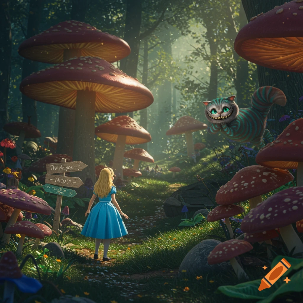 Alice walks past giant mushrooms and a signpost, looking at the Cheshire Cat floating in a fantasy forest.