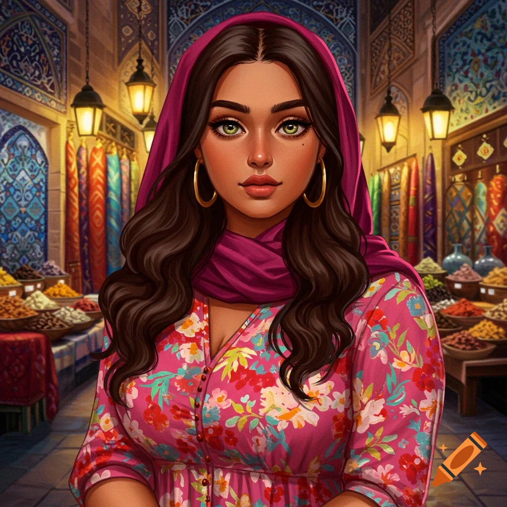 Painting of a woman in a headscarf and floral dress in a market