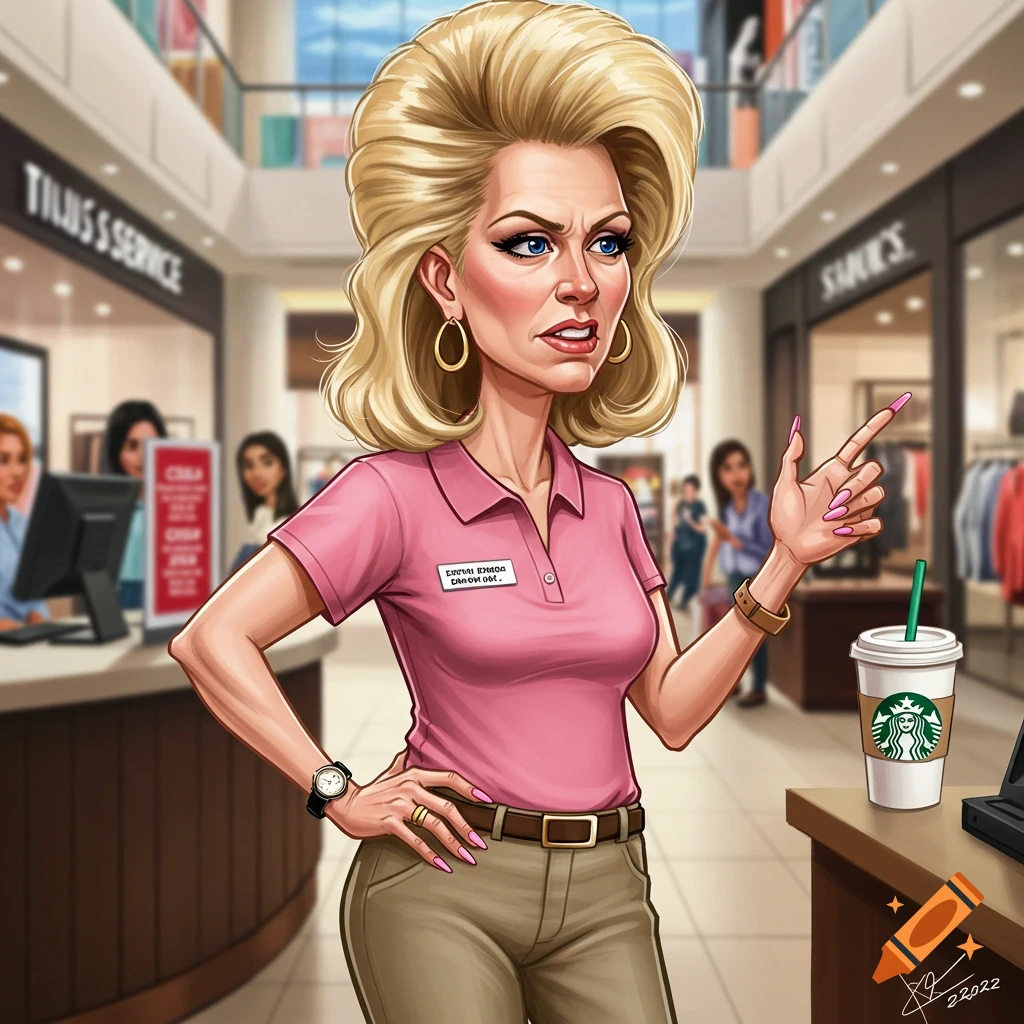A cartoon woman with blonde hair and a pink shirt is pointing in a mall.