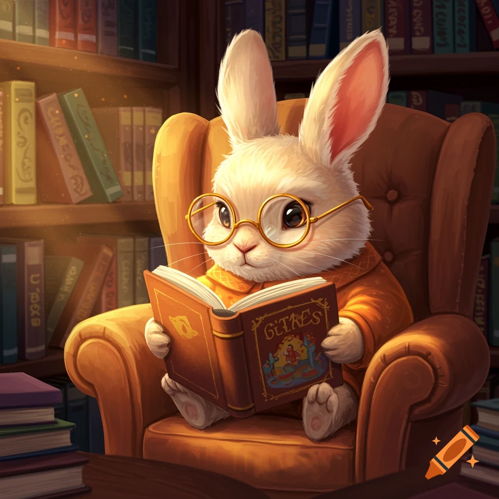 A whimsical illustration of a bunny reading a book in a cozy library armchair.
