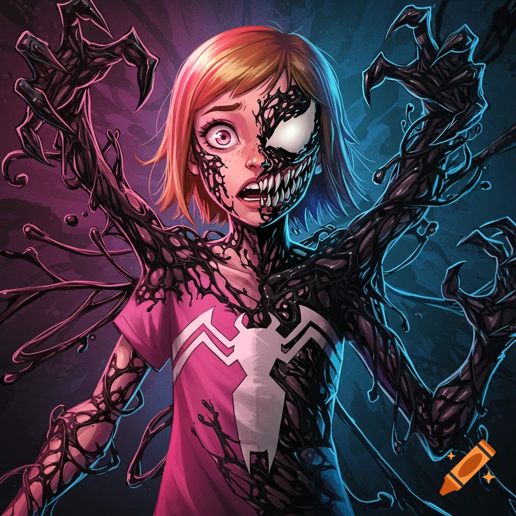 A young girl is shown in a state of transformation, with a dark, otherworldly substance overtaking her face and arms.