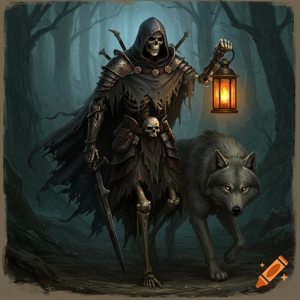 A skeleton in a cloak with a lantern walks alongside a wolf in a dark forest.