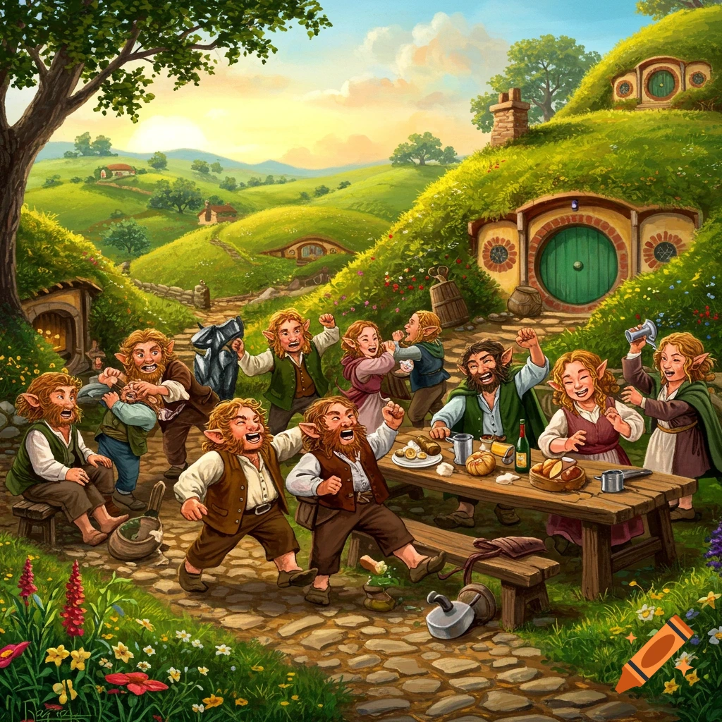 halflings having a party and brawl in a hilly fantasy landscape with hobbit holes.