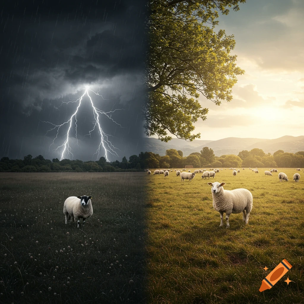 Photorealistic image of a field split in half: stormy dark side with one sheep, sunny bright side with many sheep.