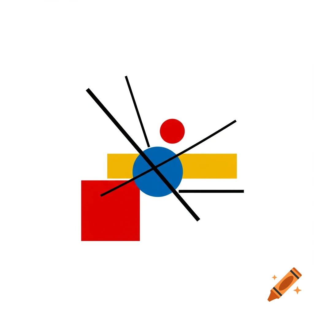Abstract geometric composition with red square, blue circle, yellow rectangle, and black lines on a white background.
