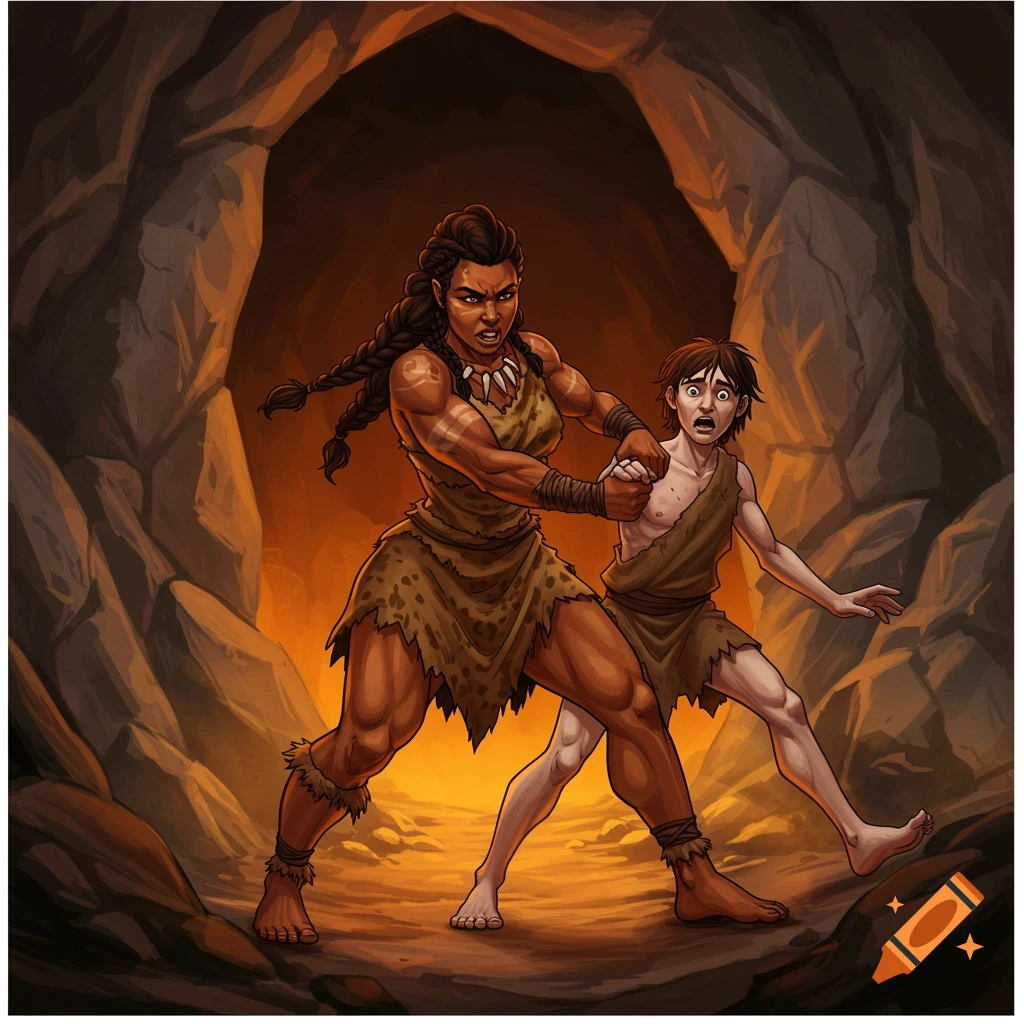 Muscular Stone Age woman pulls scared man into firelit cave