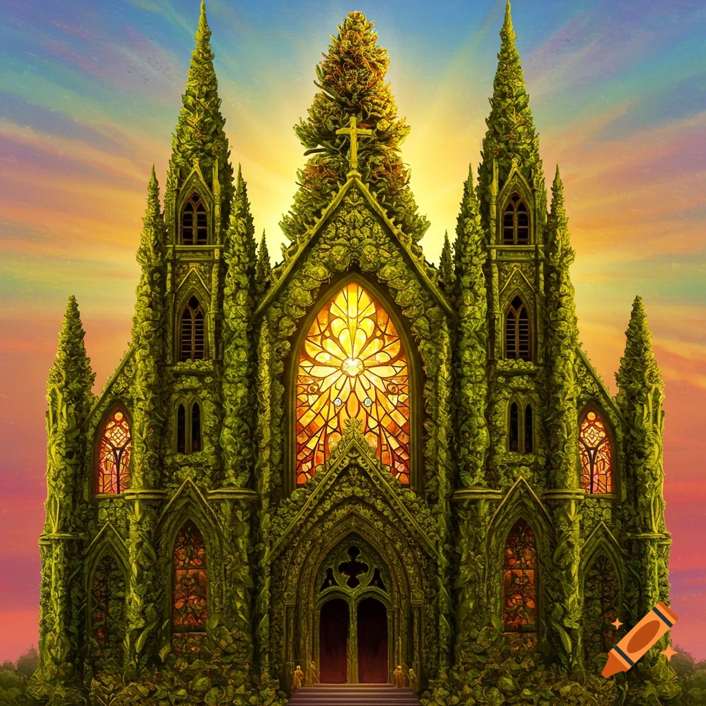 A cathedral made of green cannabis buds is silhouetted against a sunset sky.