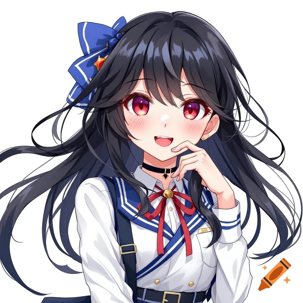 An anime girl with long black hair and red eyes smiles, wearing a school uniform with a blue bow.