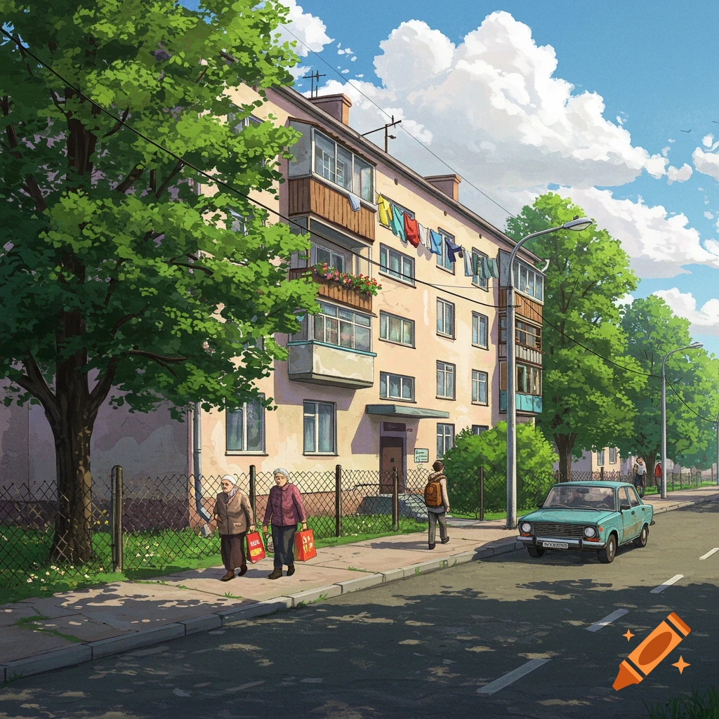 An average street in Belarus with apartment building, people, and a car.