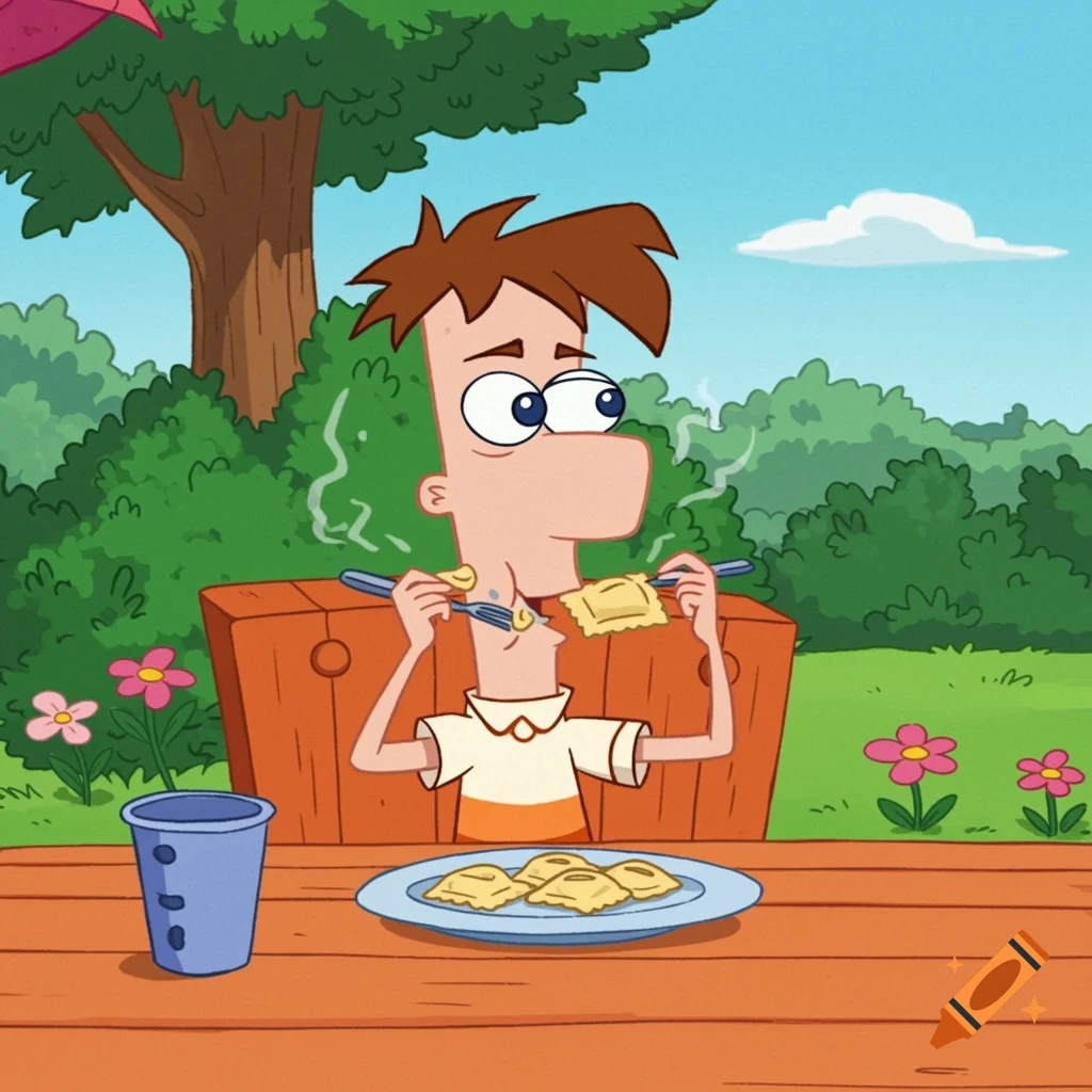 A cartoon character, Ferb from Phineas and Ferb, eats ravioli at an outdoor picnic table.