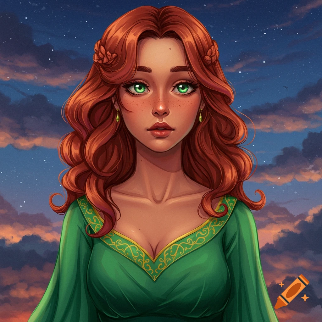 A red-haired woman with green eyes and freckles wearing a green dress is depicted against a sunset sky.