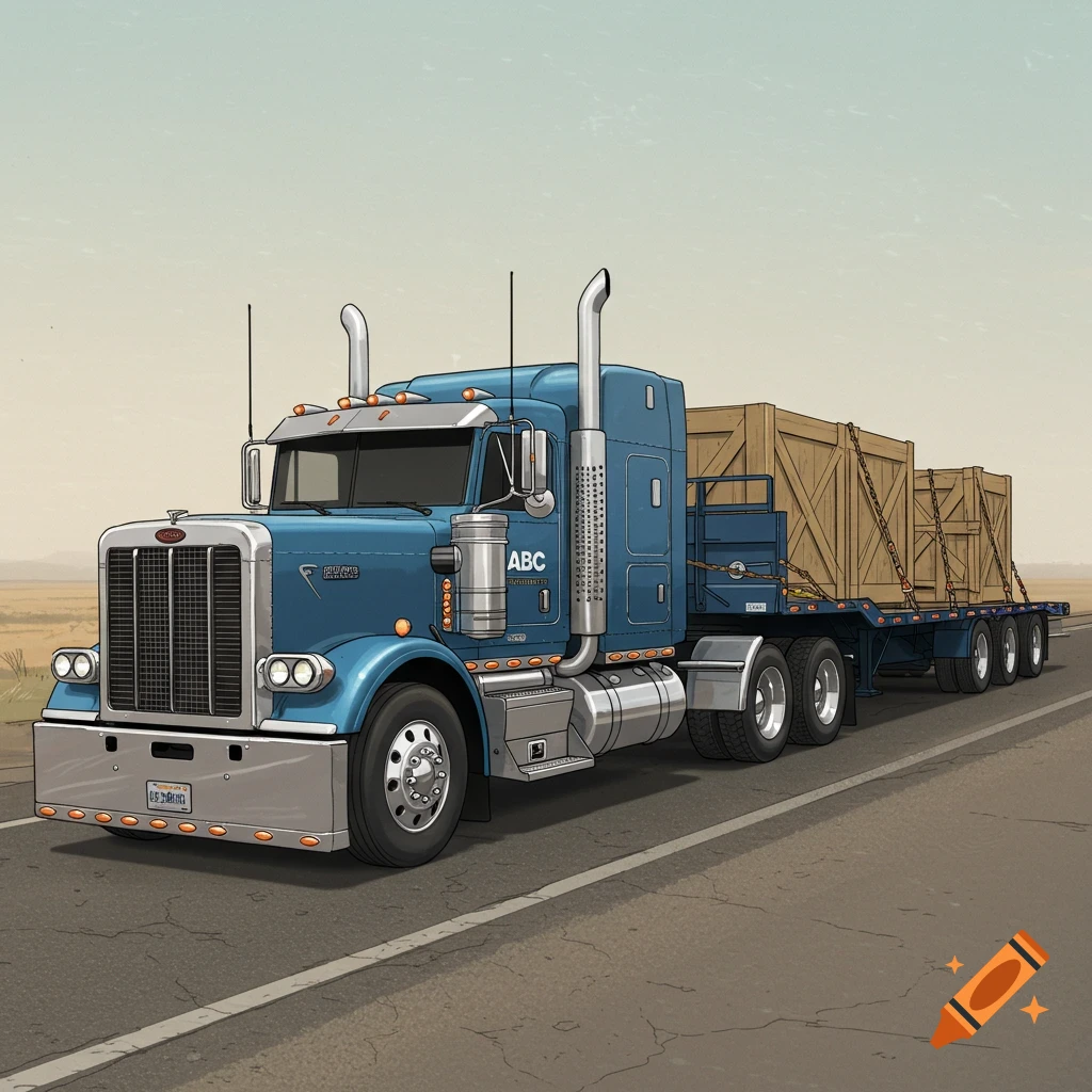 A blue semi truck with a flatbed trailer is carrying wooden crates on a road.