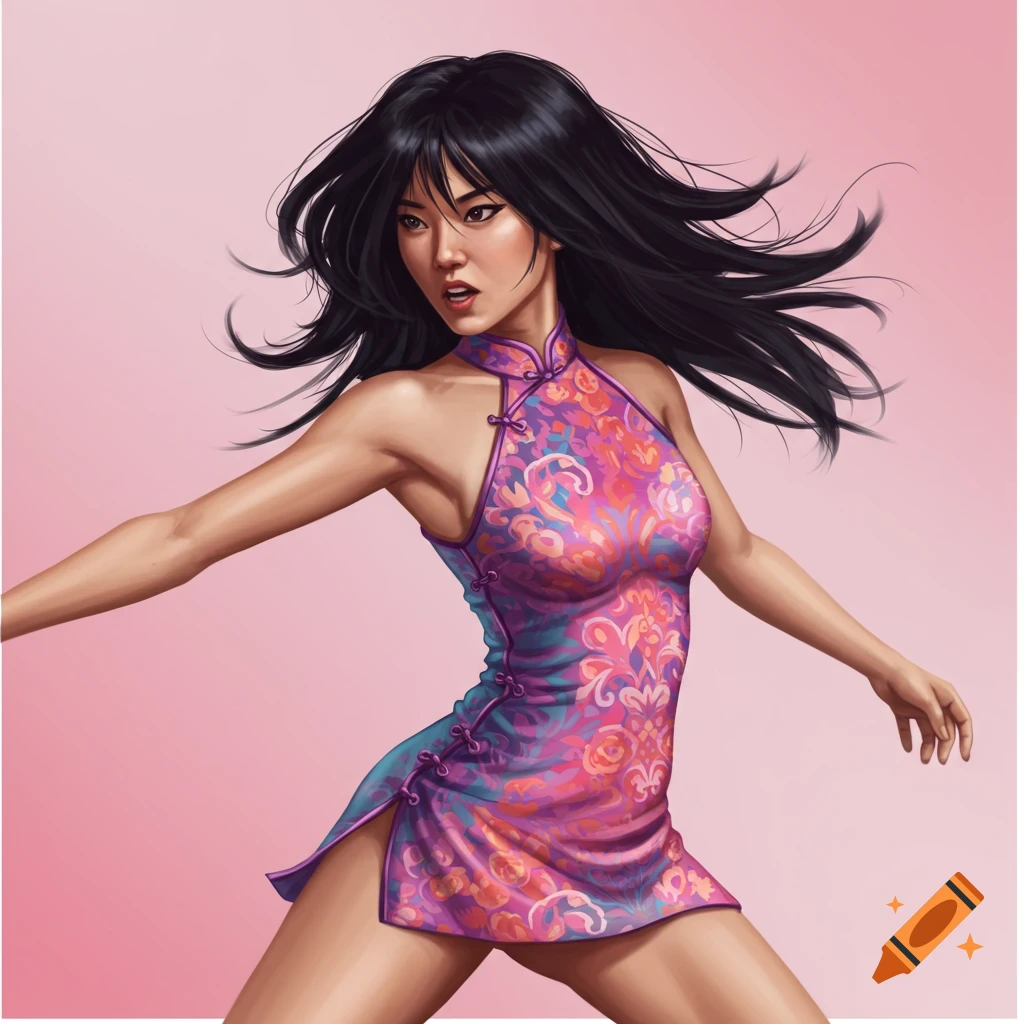 A woman in a colorful cheongsam dress striking a dynamic pose.