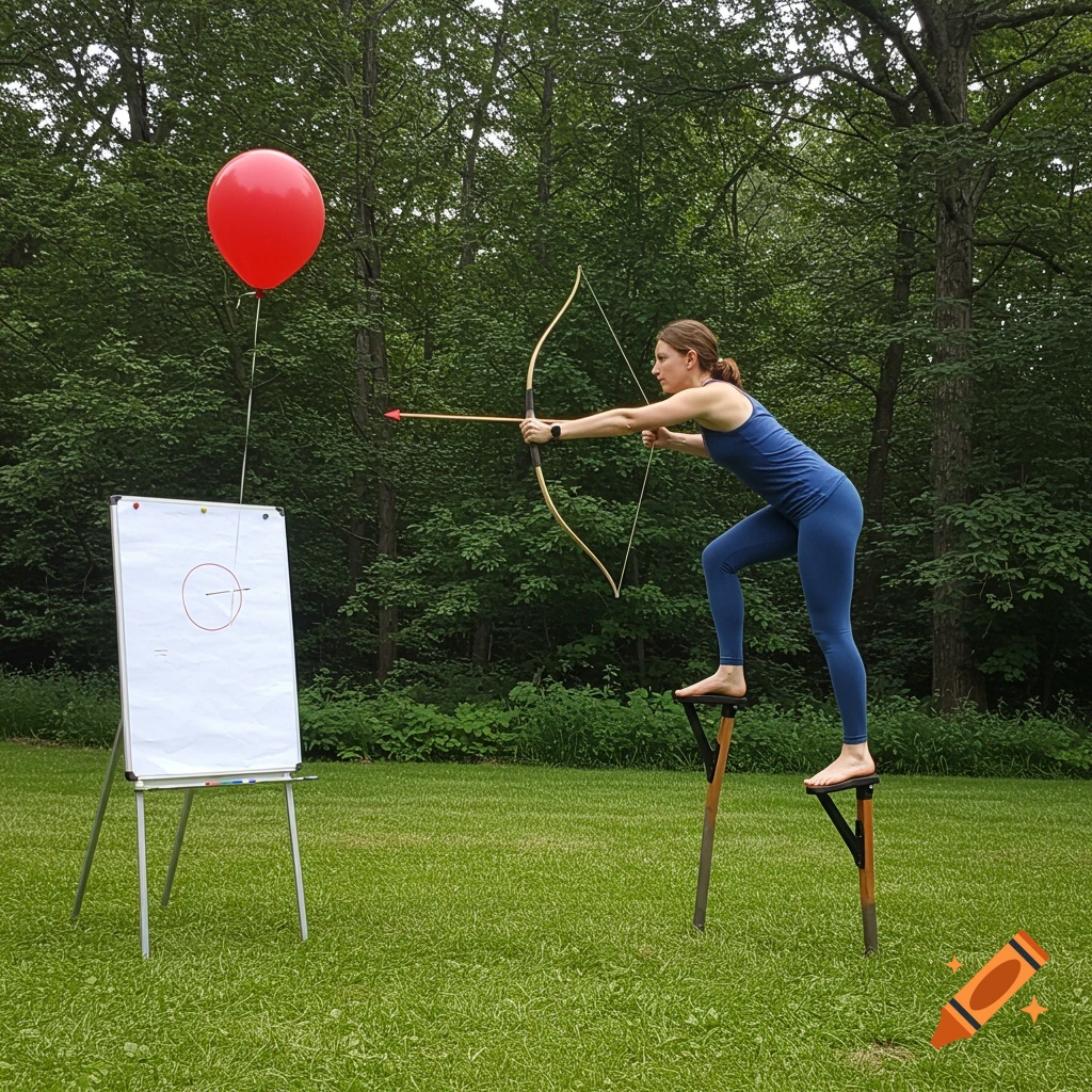 A woman standing on stilts shoots an arrow at a red balloon next to a whiteboard outdoors.