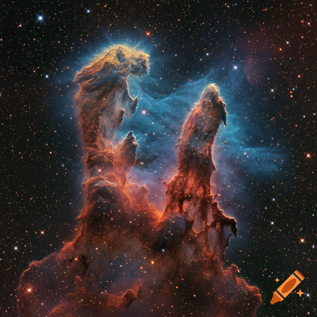 Cosmic pillars of gas and dust stand tall in a star-filled nebula.