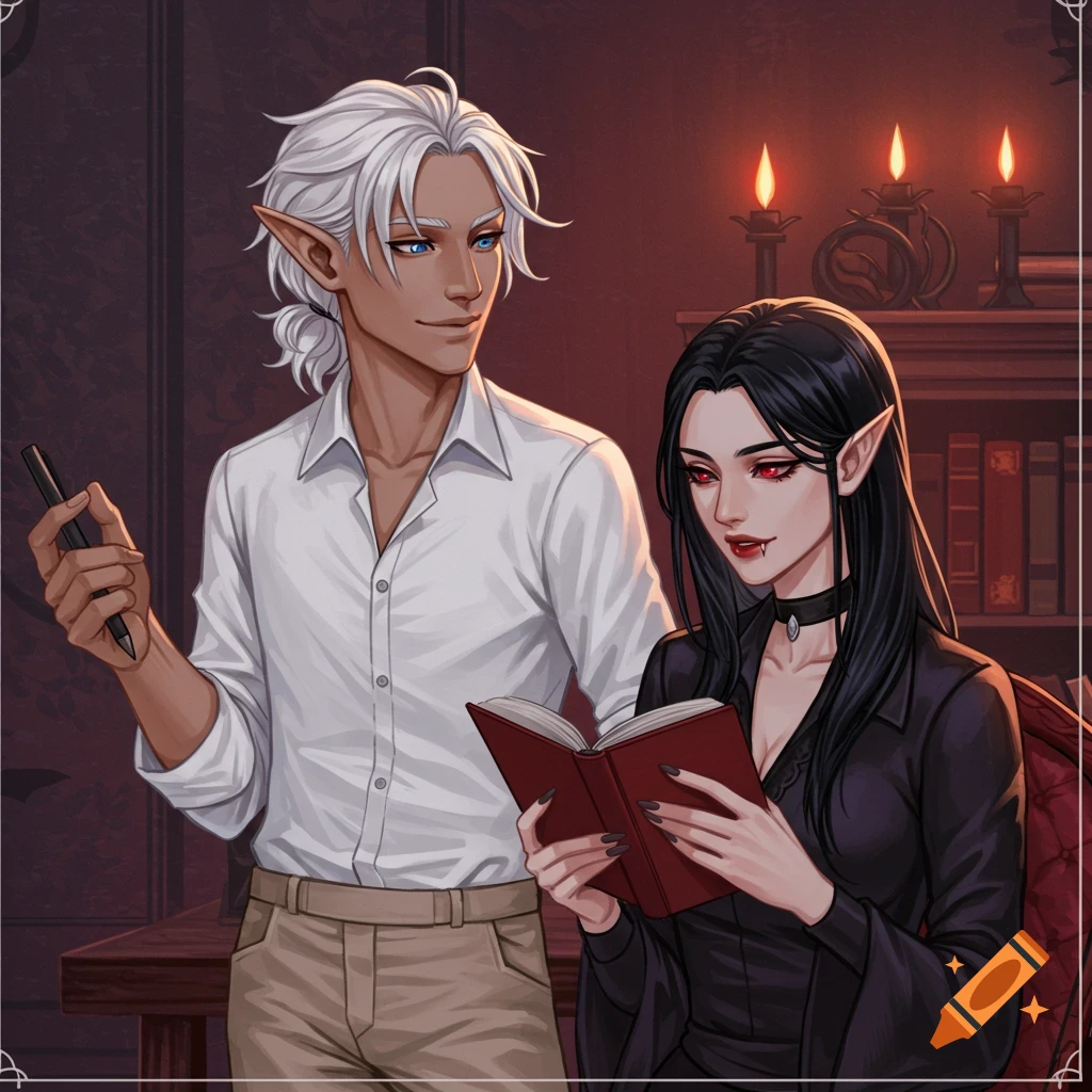 Illustration of an elf man and vampire woman reading a book together.