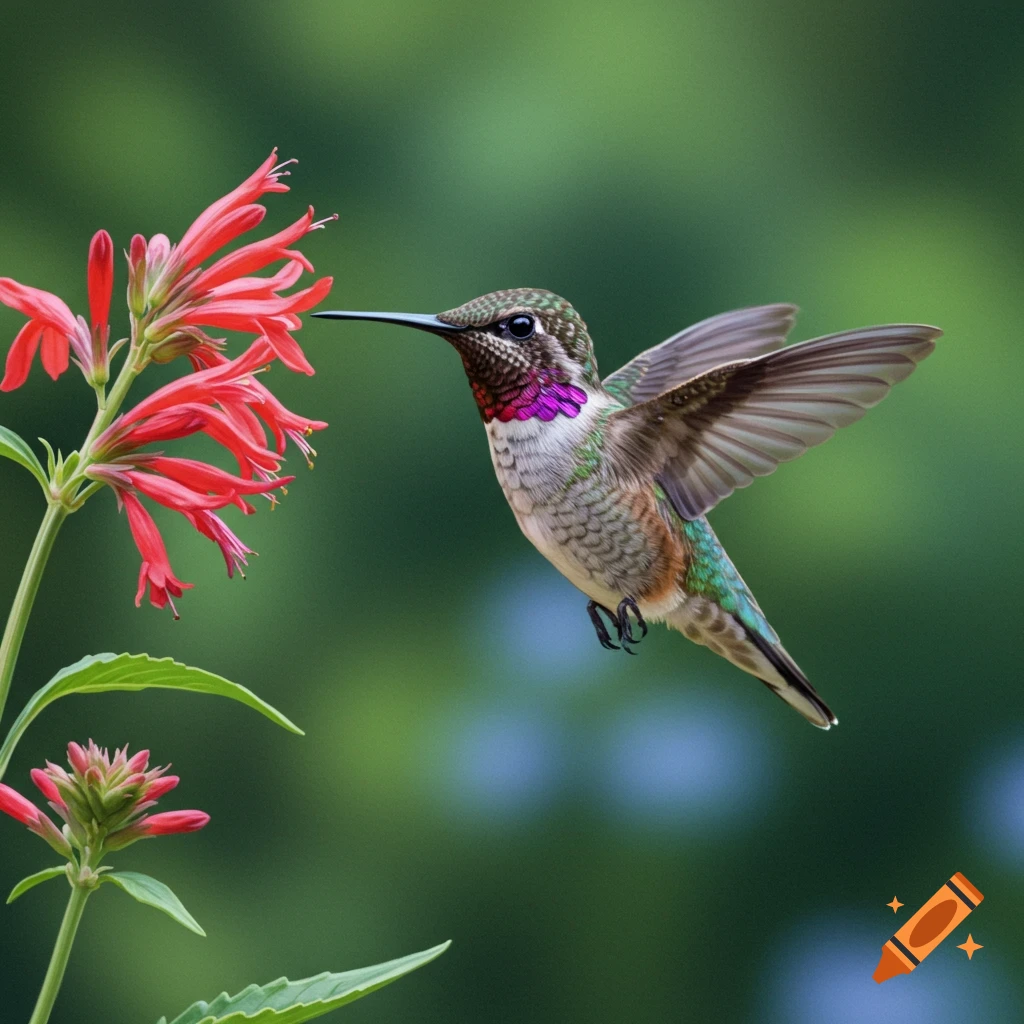 A hummingbird hovering near a red flower.