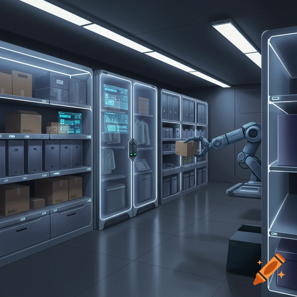 A futuristic basement storage room with a robotic arm picking up a box from shelves.