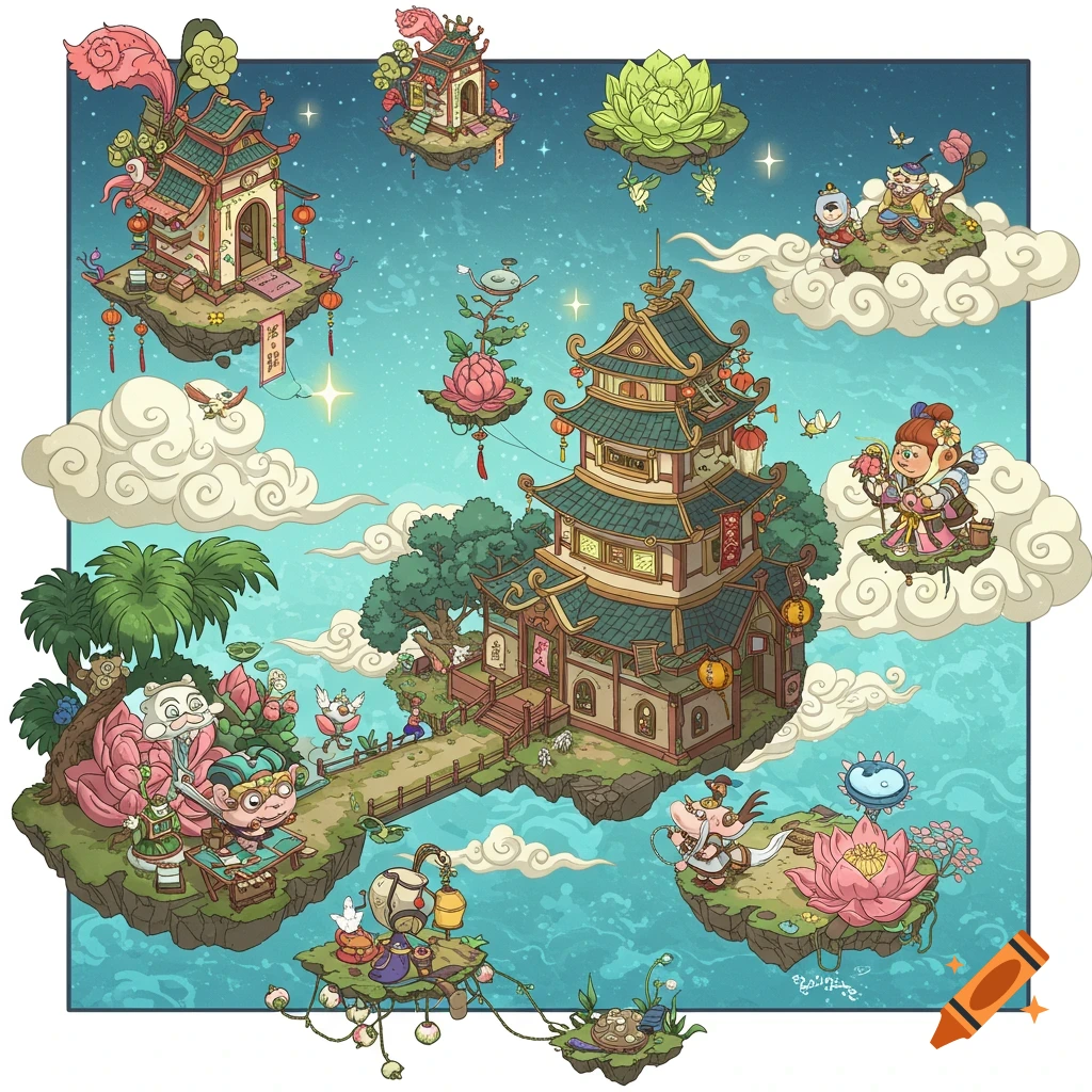 Whimsical illustration of East Asian style buildings and characters on floating islands in the sky.