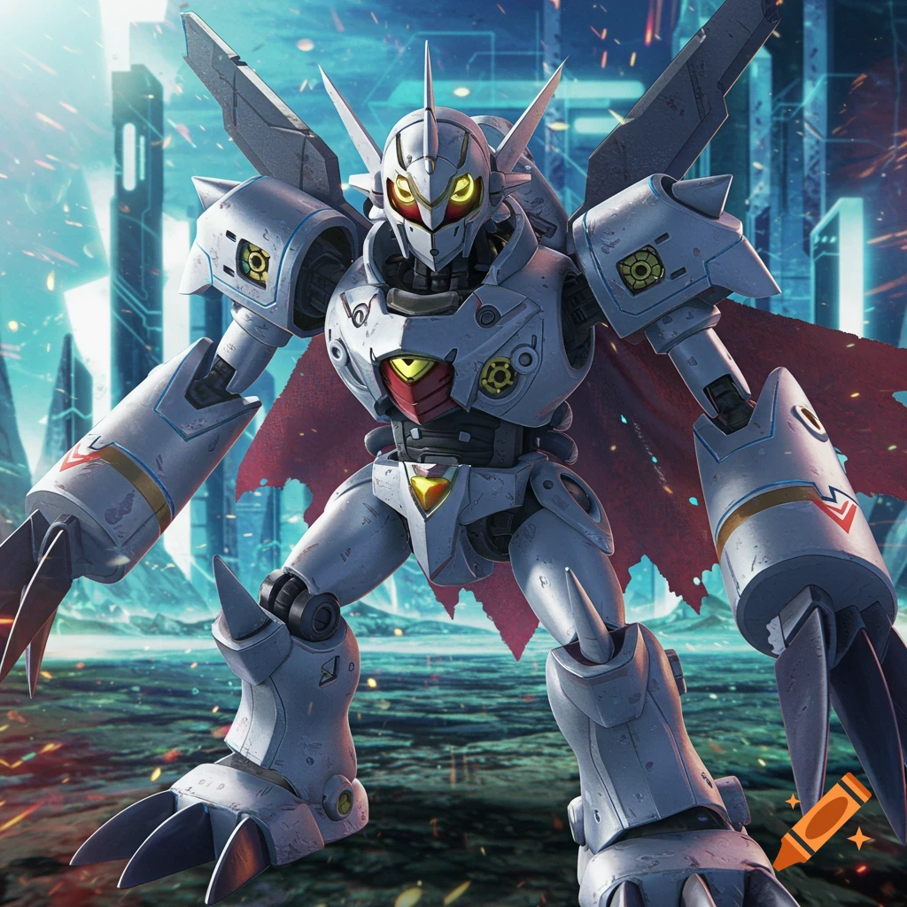 A white Digimon robot in a futuristic city.