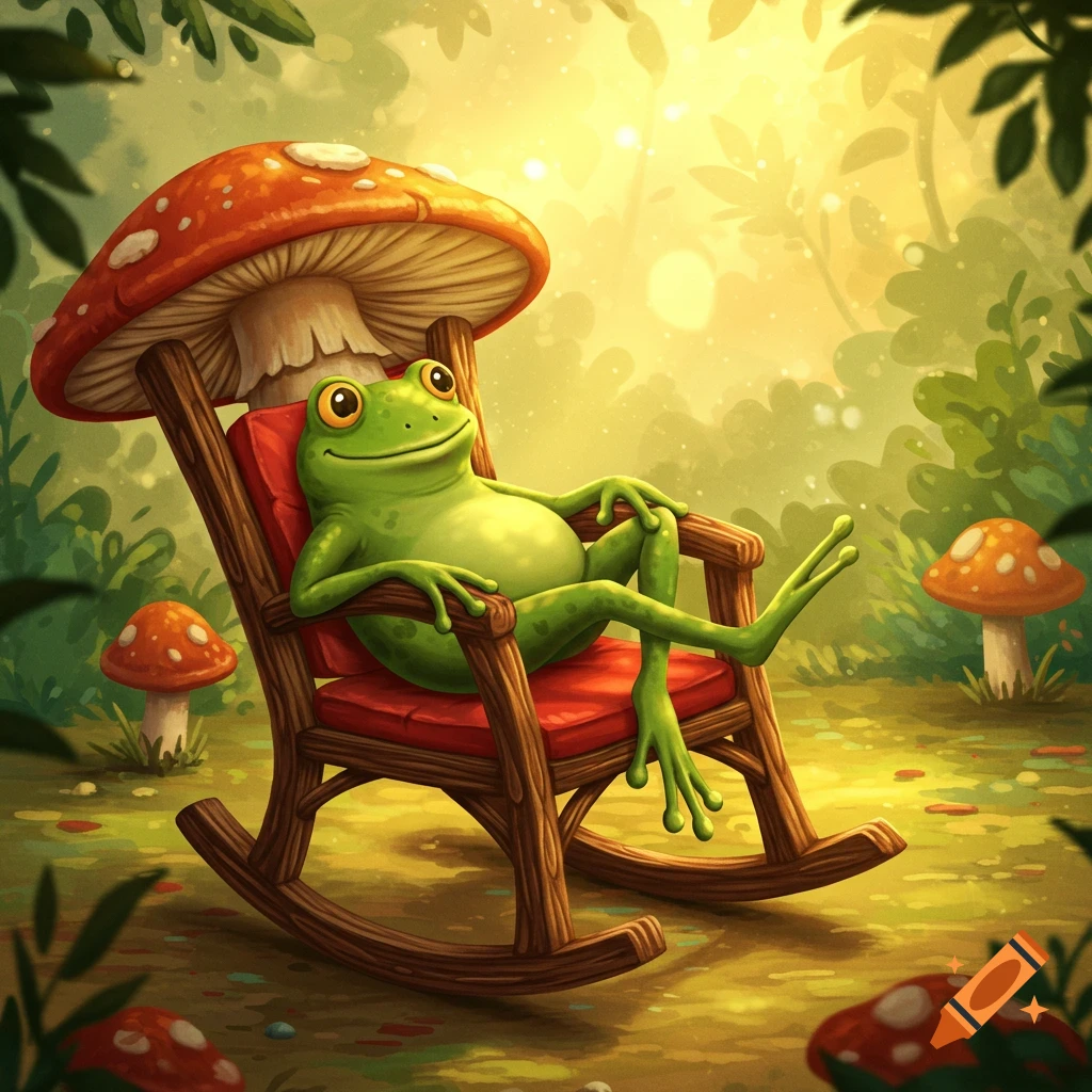 A cartoon frog sits in a mushroom-capped rocking chair in a forest clearing.