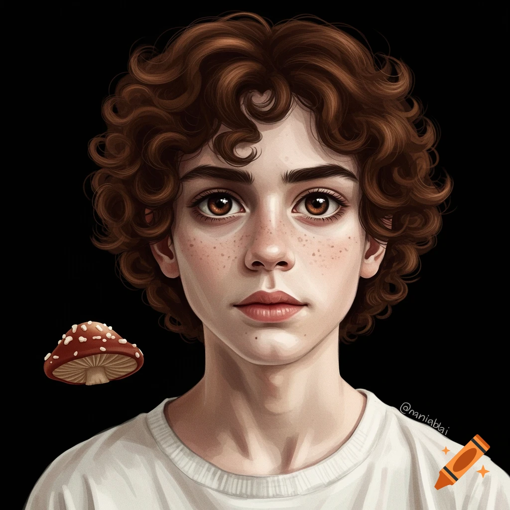 A young person with curly brown hair and freckles is shown with a floating mushroom.